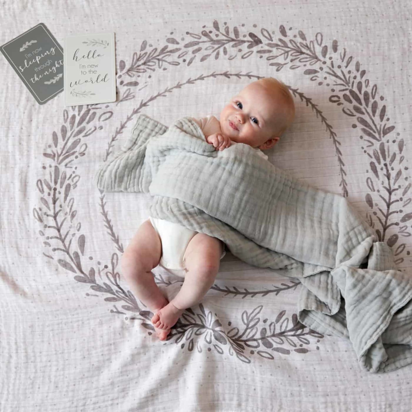 Jiggle & Giggle Milestone Cotton Muslin & Baby Photo Cards - Grey Wreath - Grey Wreath - GIFTWARE - MILESTONE BLOCKS/CARDS