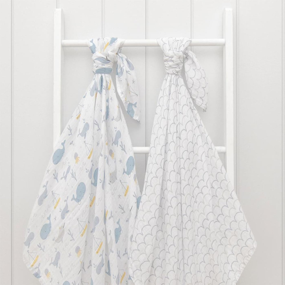 Living Textiles Little Dreamer 2pk Muslin Wraps - Whale of a Time - Whale of a time - NURSERY &amp; BEDTIME - SWADDLES/WRAPS