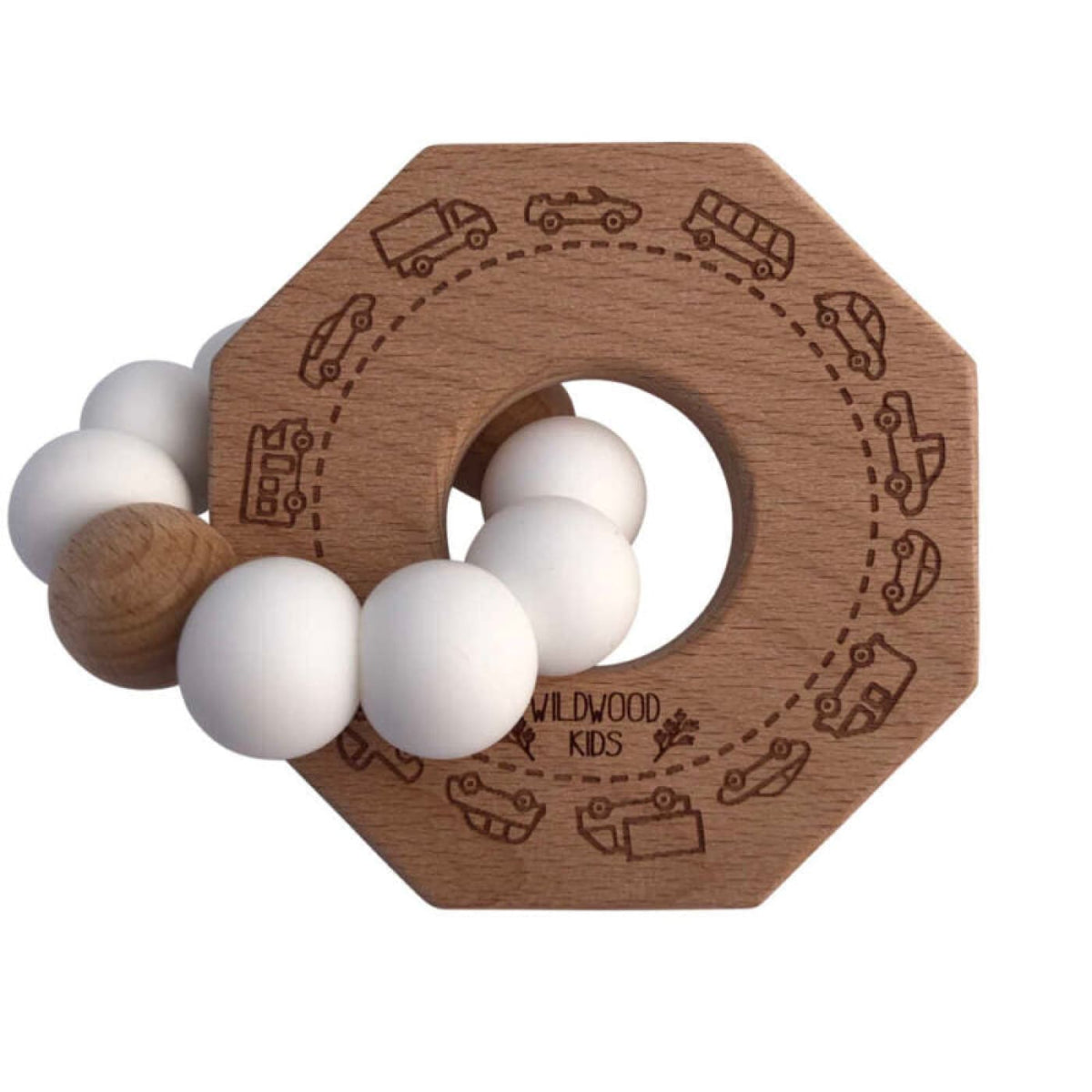 Wildwood Kids Wooden Print Teether - White Cars & Trucks - White Cars/Trucks - NURSING & FEEDING - TEETHERS/TEETHING JEWELLERY
