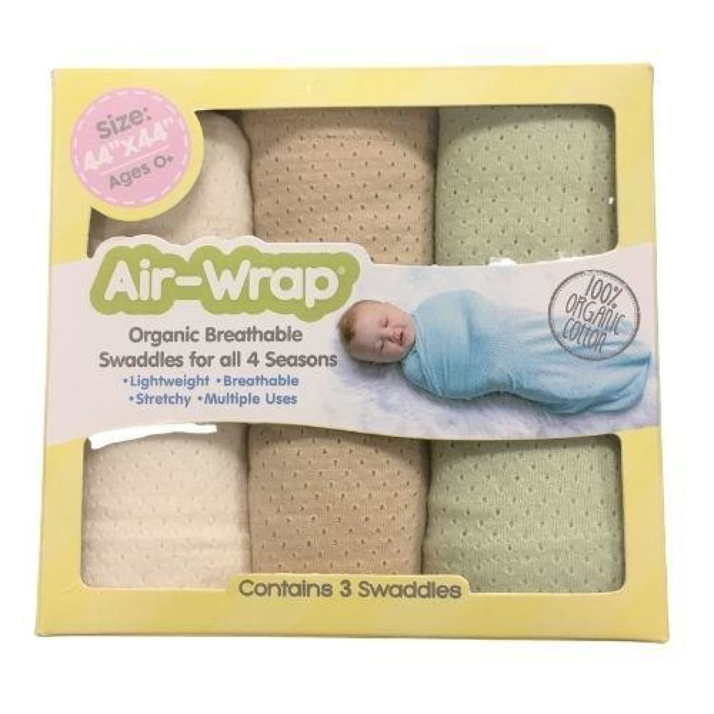 Woombie Old Fashioned Organic Air Wrap 3PK - Light Green/Light Cocoa/Cream - 3Pack / Light Green/Light Cocoa/Cream - NURSERY & BEDTIME - 