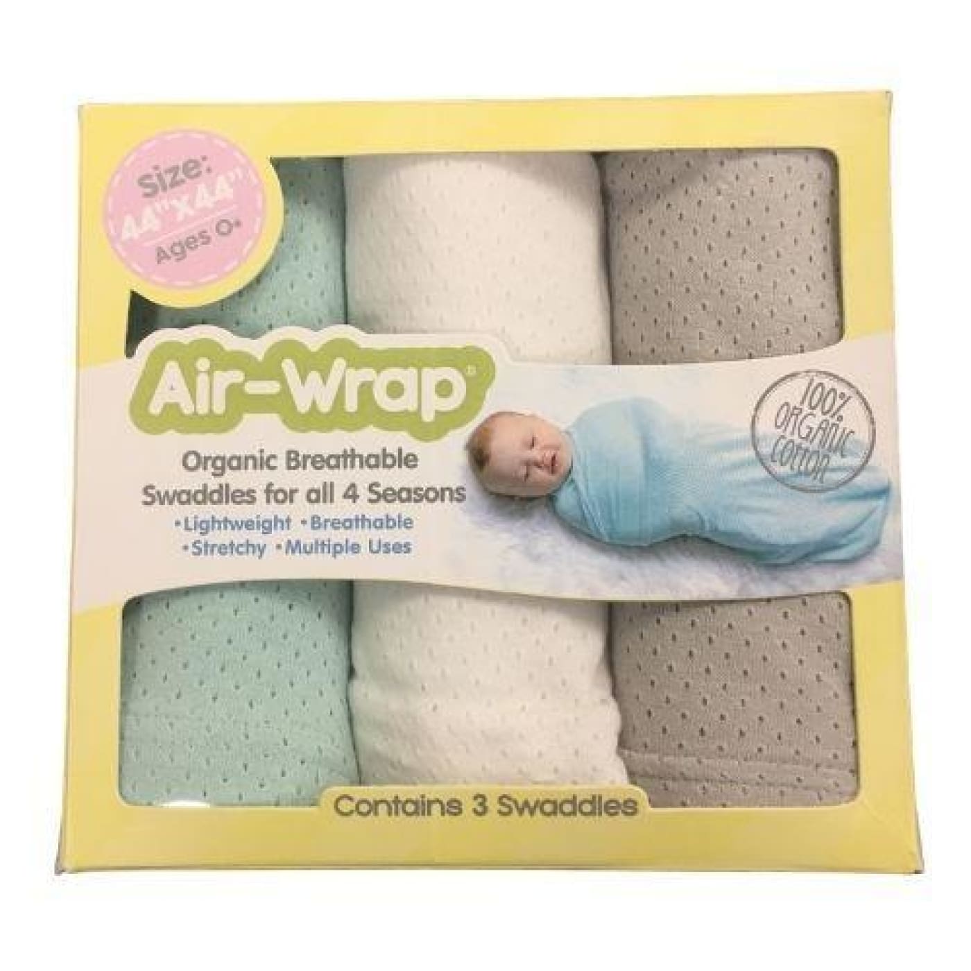 Woombie Old Fashioned Organic Air Wrap 3PK - Mint/White/Grey - 3Pack - NURSERY & BEDTIME - SWADDLES/WRAPS