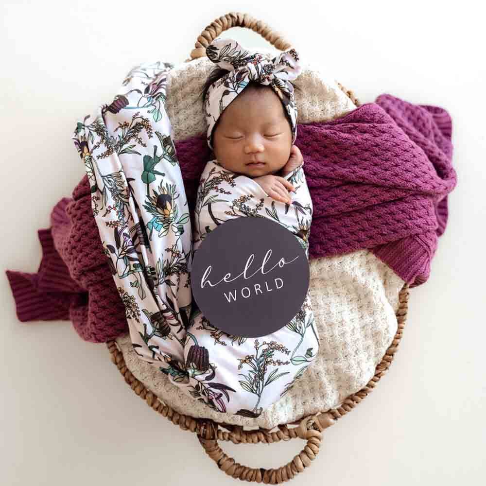 Snuggle Hunny Baby Jersey Wrap &amp; Topknot Set - Banksia