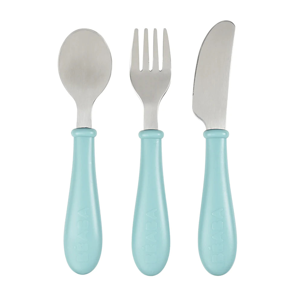 Beaba Stainless Steel Training Cutlery Knife, Fork &amp; Spoon - Light Blue