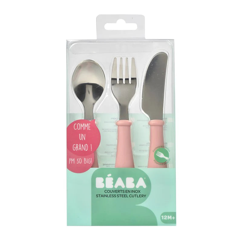 Beaba Stainless Steel Training Cutlery Knife, Fork &amp; Spoon - Old Pink