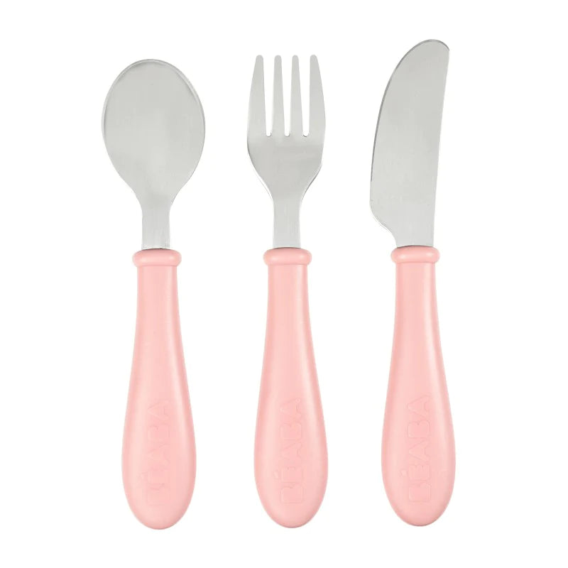 Beaba Stainless Steel Training Cutlery Knife, Fork &amp; Spoon - Old Pink