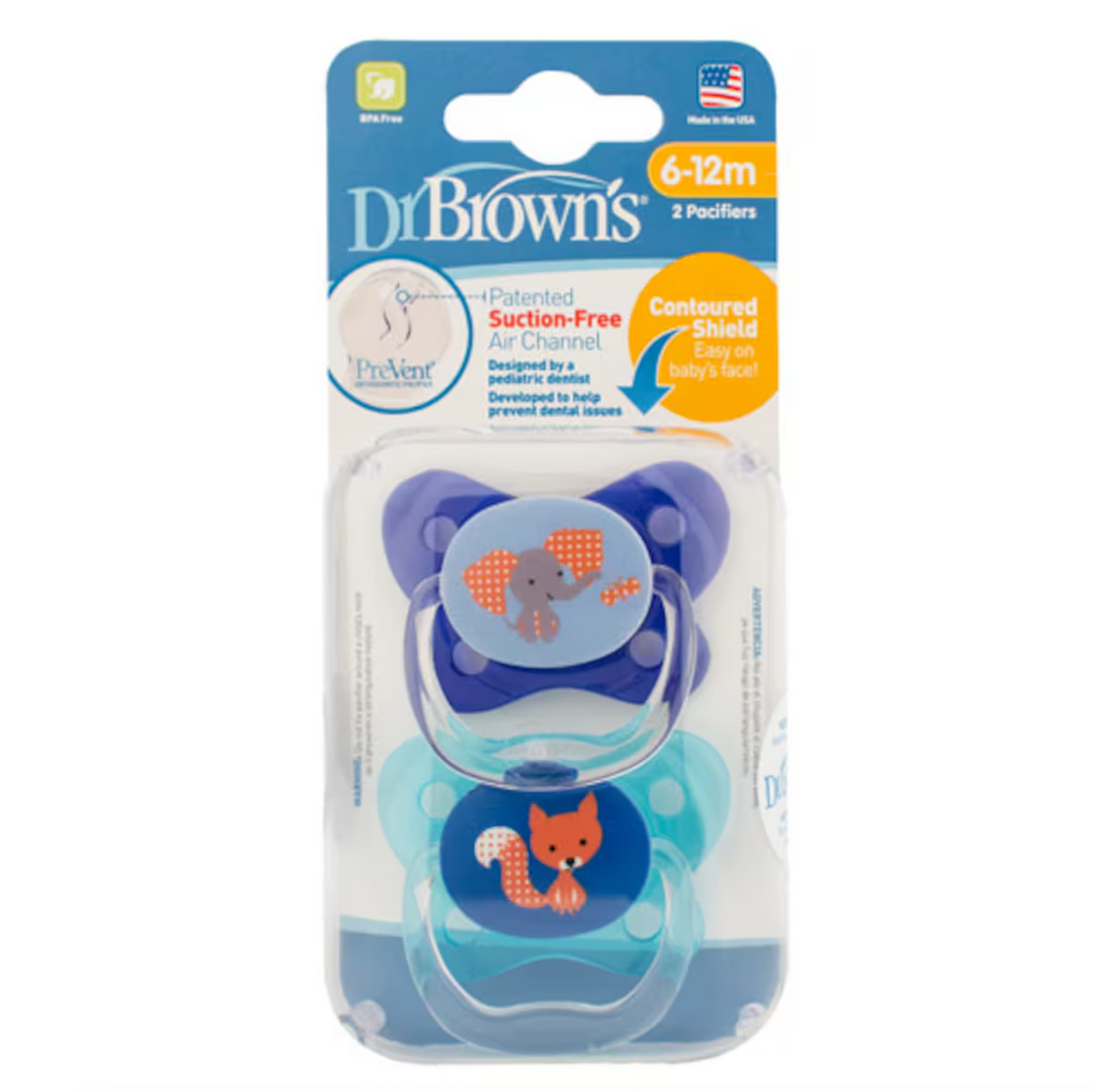 Dr Browns Prevent Contoured Pacifier 6-12m 2PK - Blue