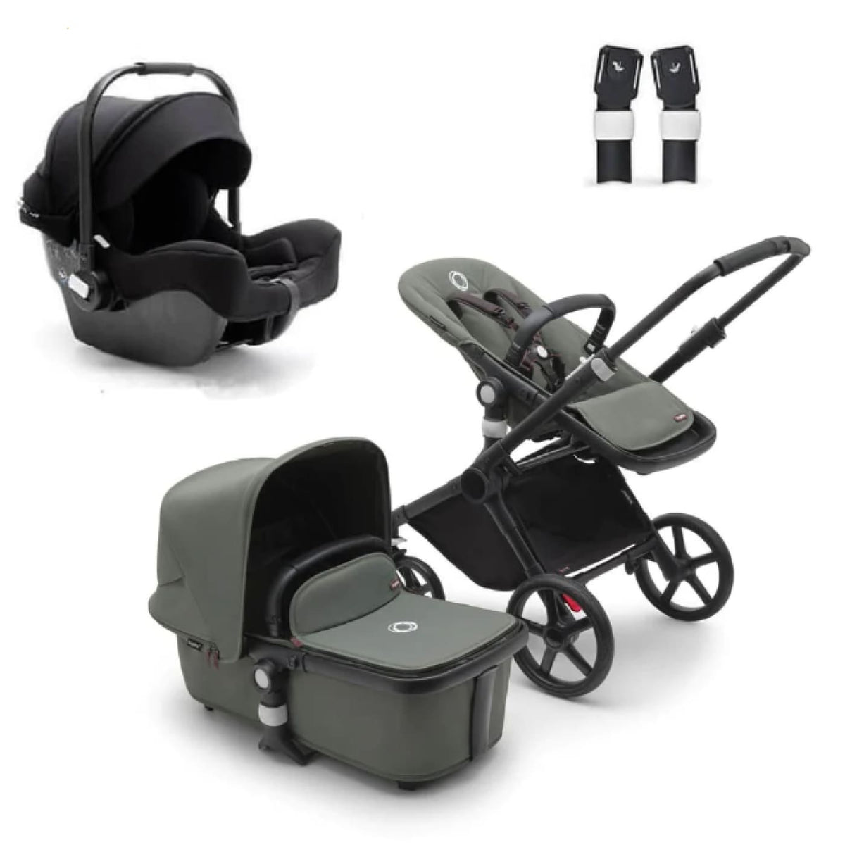 BUGABOO Fox Cub Pram Complete TRAVEL SYSTEM BUNDLE - Black/Forest Green-Forest Green - PRAMS &amp; STROLLERS - PACKAGES