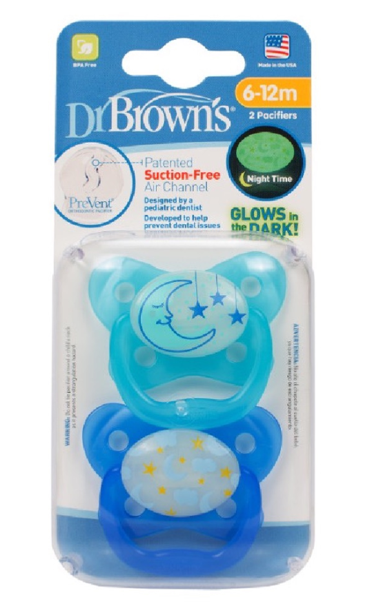 Dr Browns Prevent Pacifier Glow in the Dark 6-12m 2PK - Blue