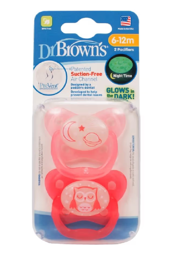 Dr Browns Prevent Pacifier Glow in the Dark 6-12m 2PK Pink