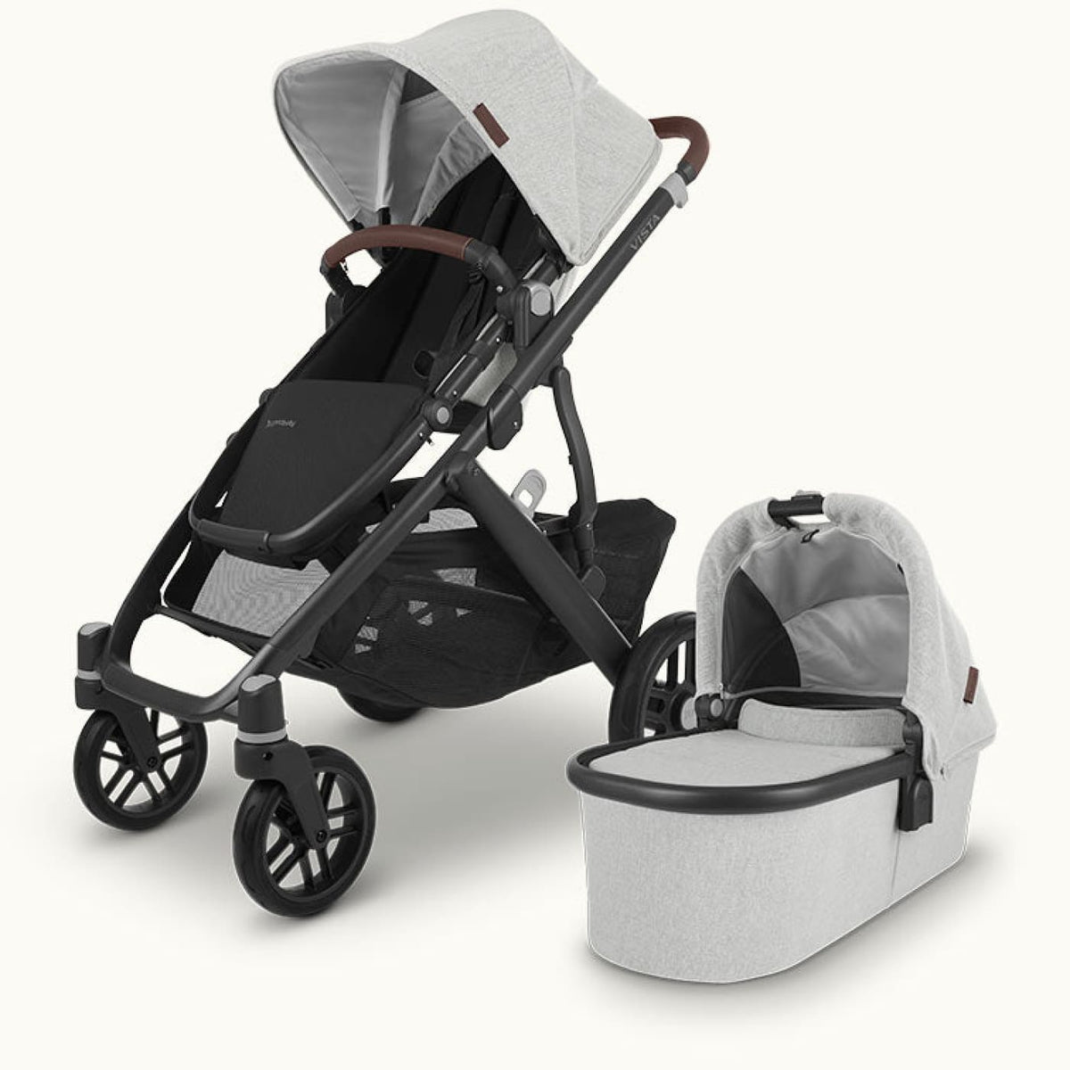 UPPAbaby Vista V2 Stroller with Bassinet and BONUS Upper Adaptors - Anthony (White &amp; Grey Chenille/Carbon/Chestnut Leather Leather) -