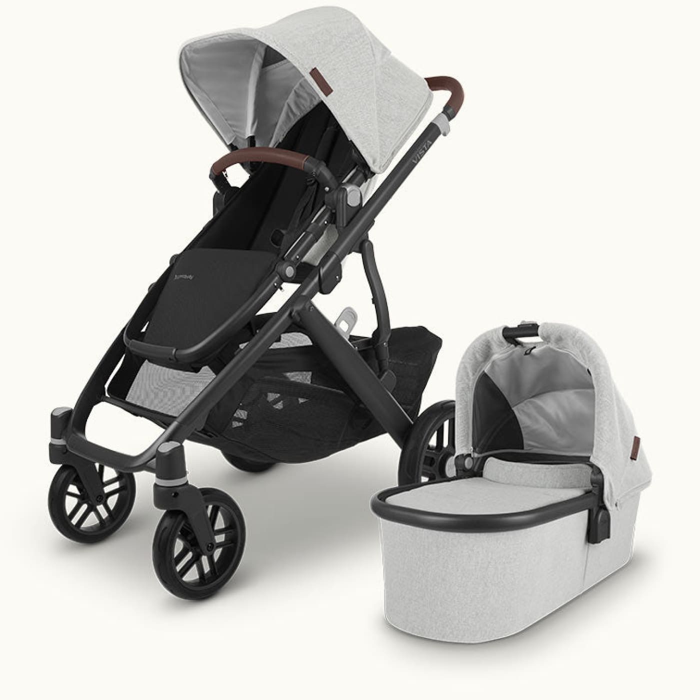 UPPAbaby Vista V2 Stroller with Bassinet and BONUS Upper Adaptors - Anthony (White & Grey Chenille/Carbon/Chestnut Leather Leather) -