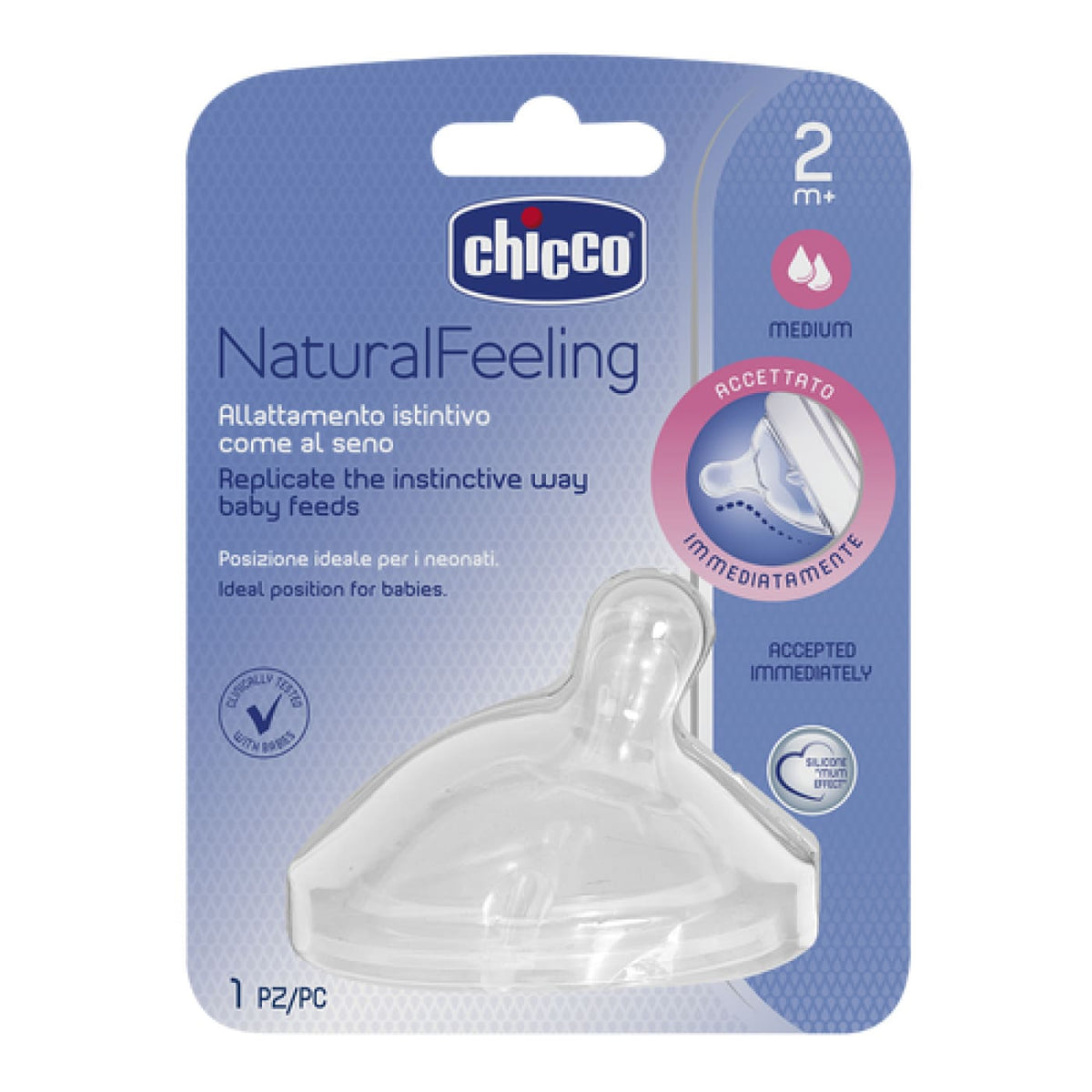 Chicco Natural Feeling Silicone Teat 2M+ - Medium Flow - NURSING &amp; FEEDING - BOTTLE ACCESSORIES