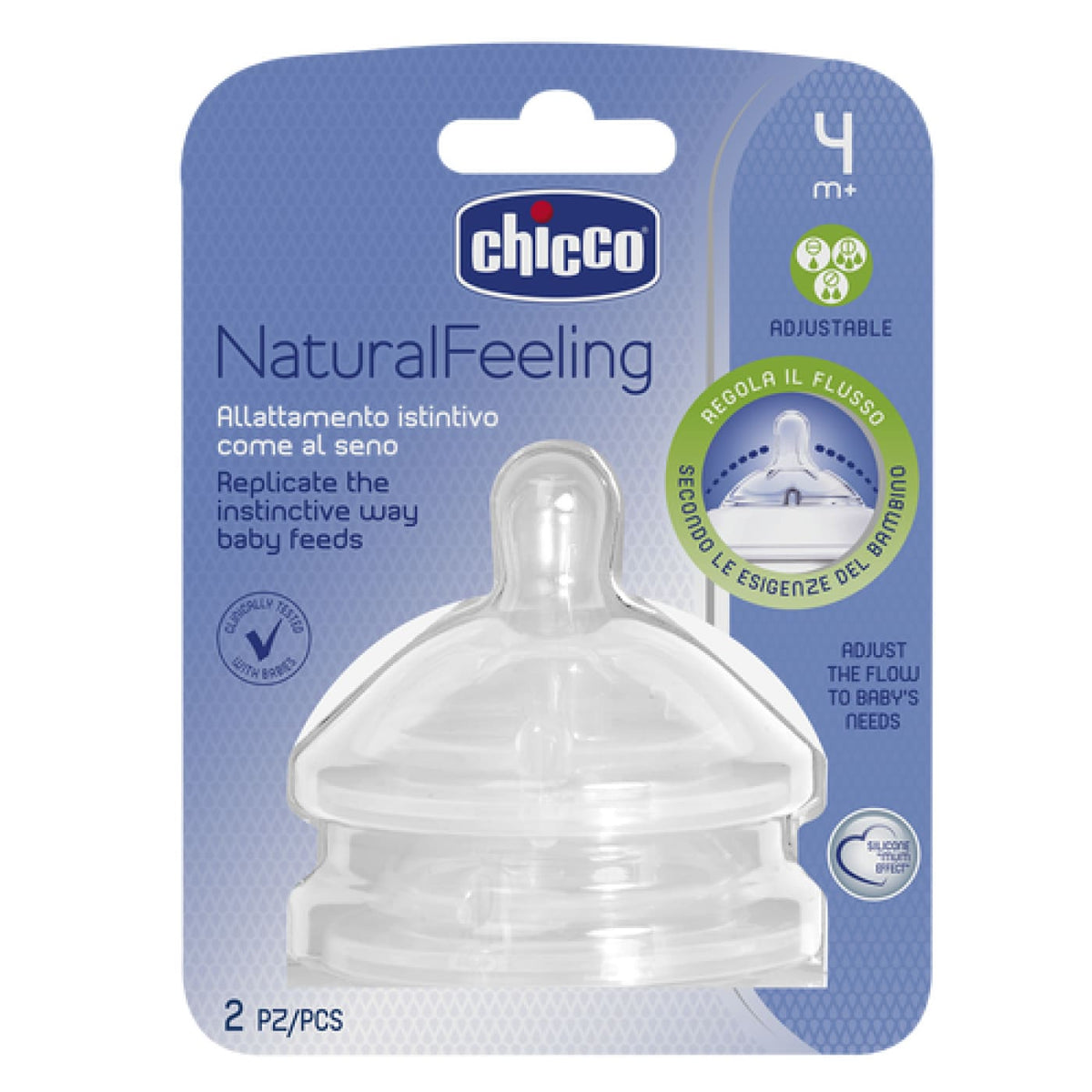 Chicco Natural Feeling Silicone Teat 4M+ 2pk - Adjustable Flow - NURSING &amp; FEEDING - BOTTLE ACCESSORIES