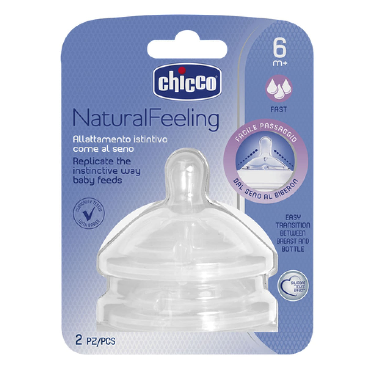 Chicco Natural Feeling Silicone Teat 6M+ 2pk - Fast Flow - NURSING &amp; FEEDING - BOTTLE ACCESSORIES