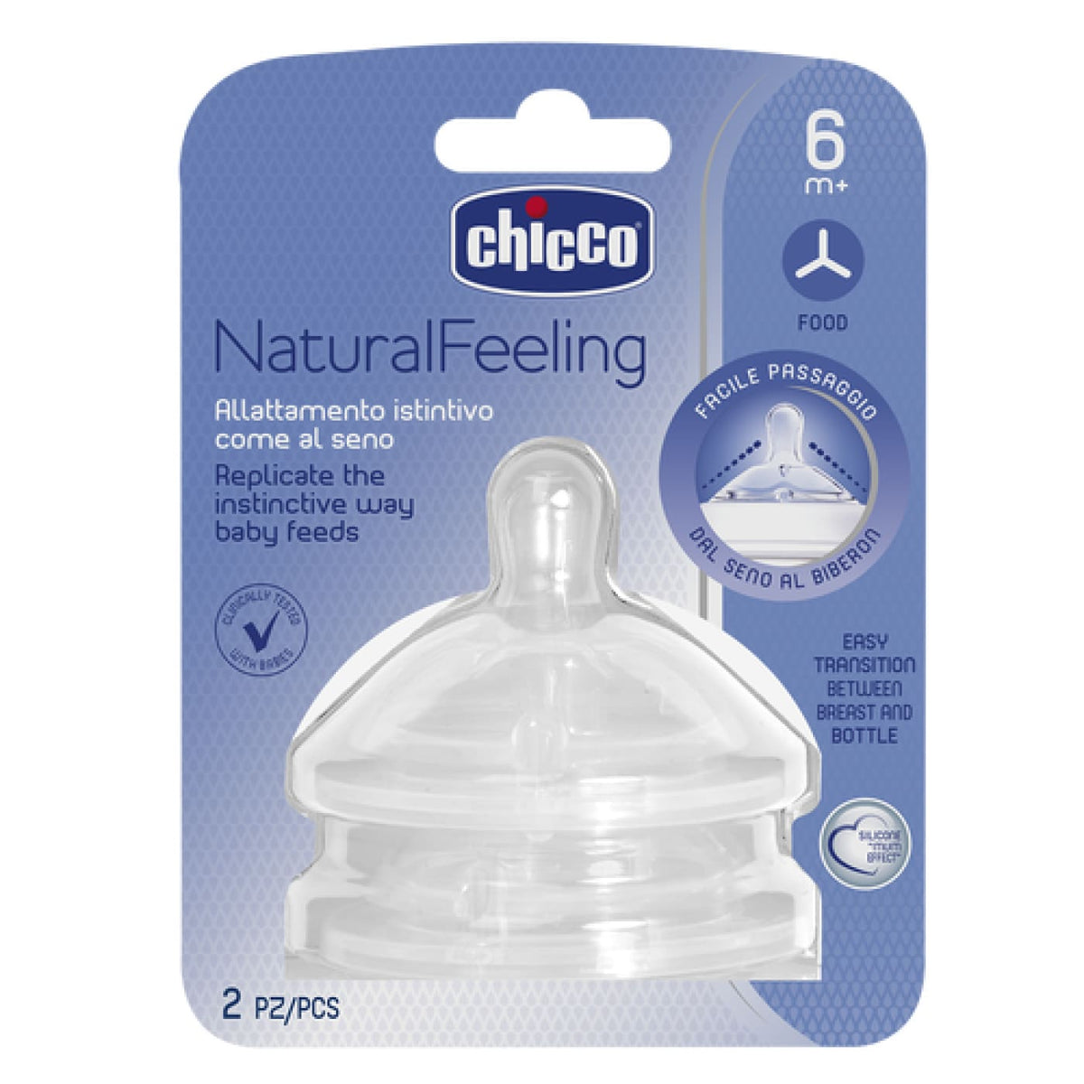 Chicco Natural Feeling Silicone Teat 6M+ 2pk - Food Flow - NURSING &amp; FEEDING - BOTTLE ACCESSORIES