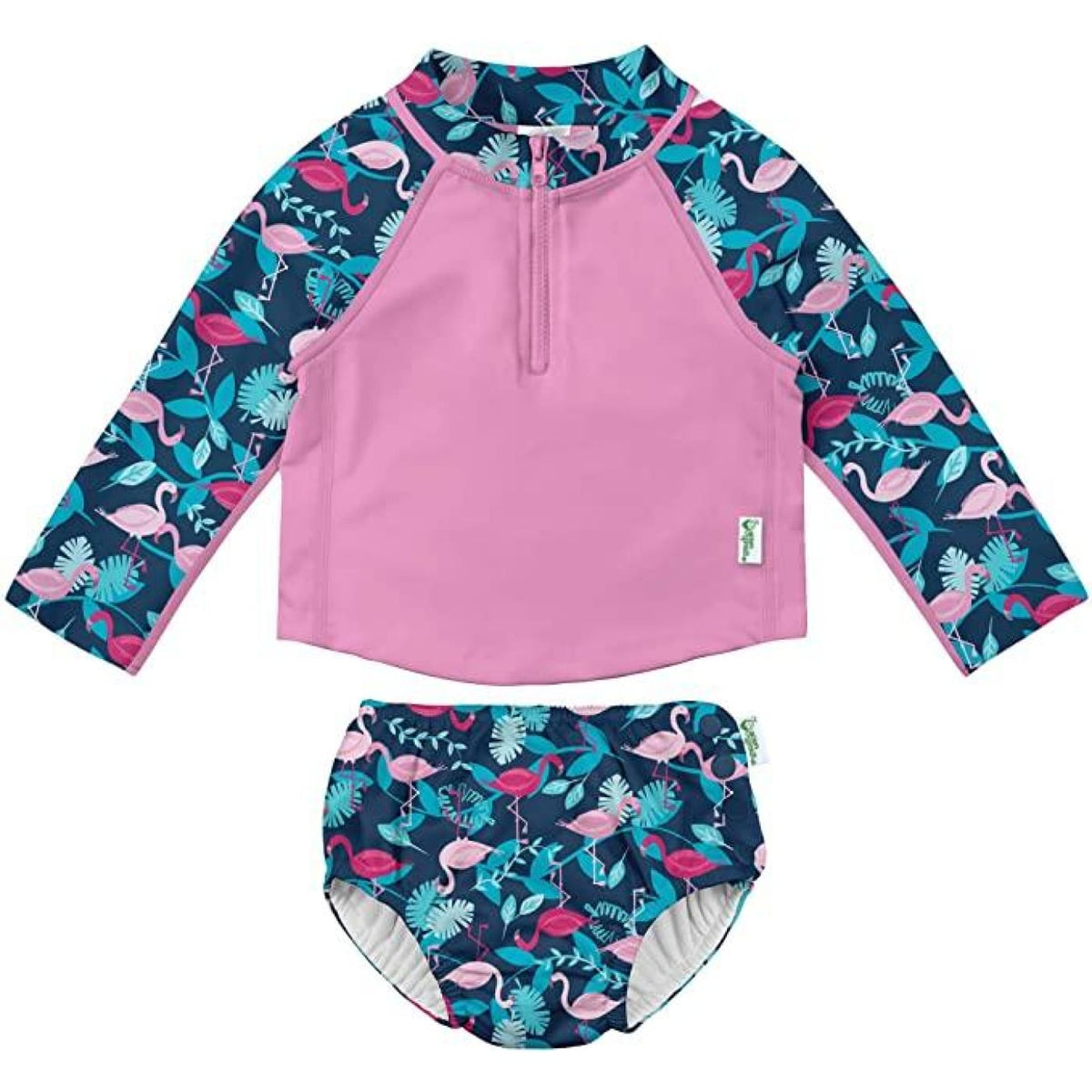 i play 2pc LS Zip Rashguard Shirt Set with Snap Reusable Absorbent Swim Diaper - Navy Flamingos 6M - BABY &amp; TODDLER CLOTHING - 