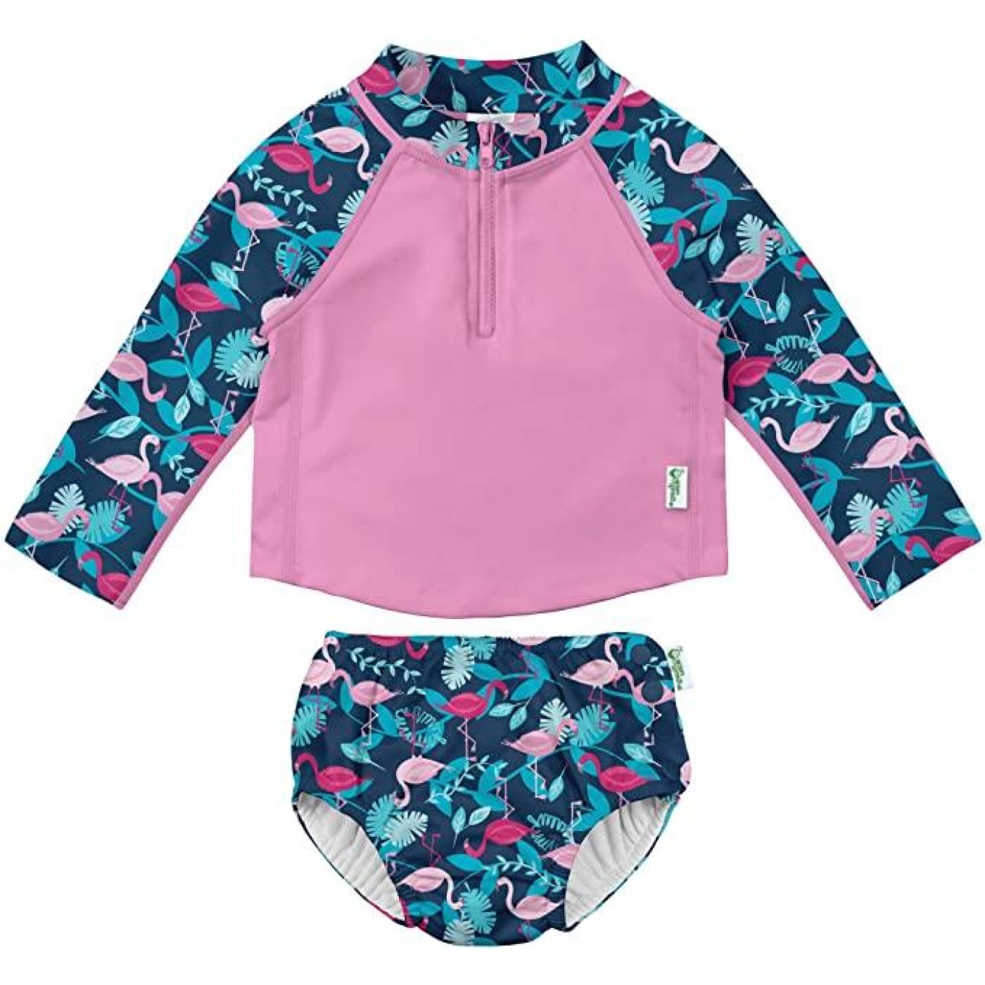 i play 2pc LS Zip Rashguard Shirt Set with Snap Reusable Absorbent Swim Diaper - Navy Flamingos 6M - BABY & TODDLER CLOTHING - 