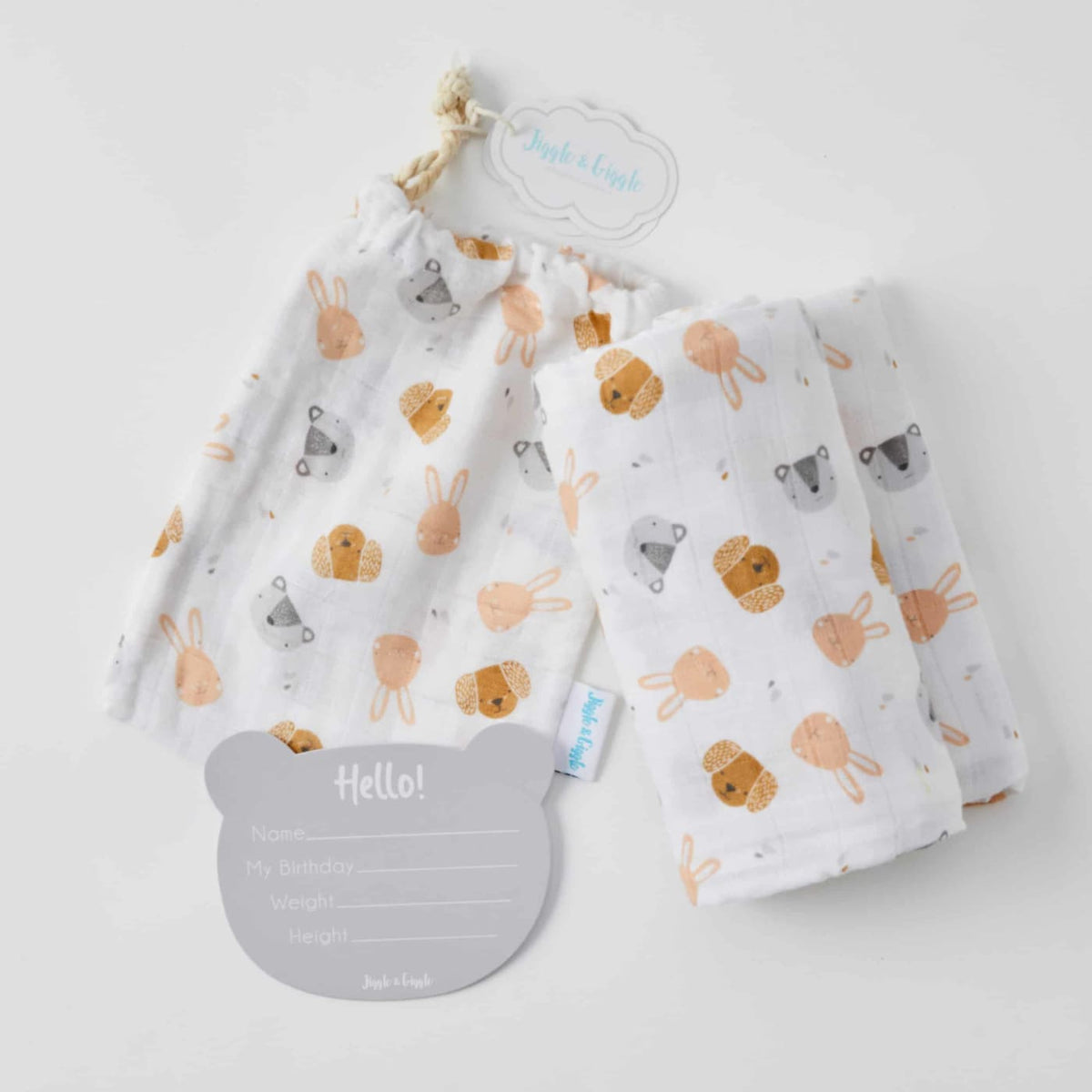 Jiggle &amp; Giggle Cotton Muslin Blanket and Baby Milestone Photo Cards Set - Animal Faces - Animal Faces - NURSERY &amp; BEDTIME - SWADDLES/WRAPS