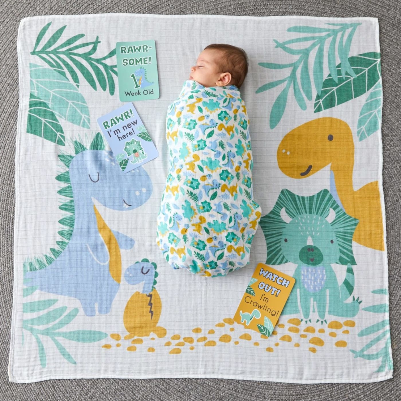 Jiggle & Giggle Cotton Muslin Blanket and Baby Milestone Photo Cards Set - Dinosaurs - Dinosaurs - GIFTWARE - MILESTONE BLOCKS/CARDS
