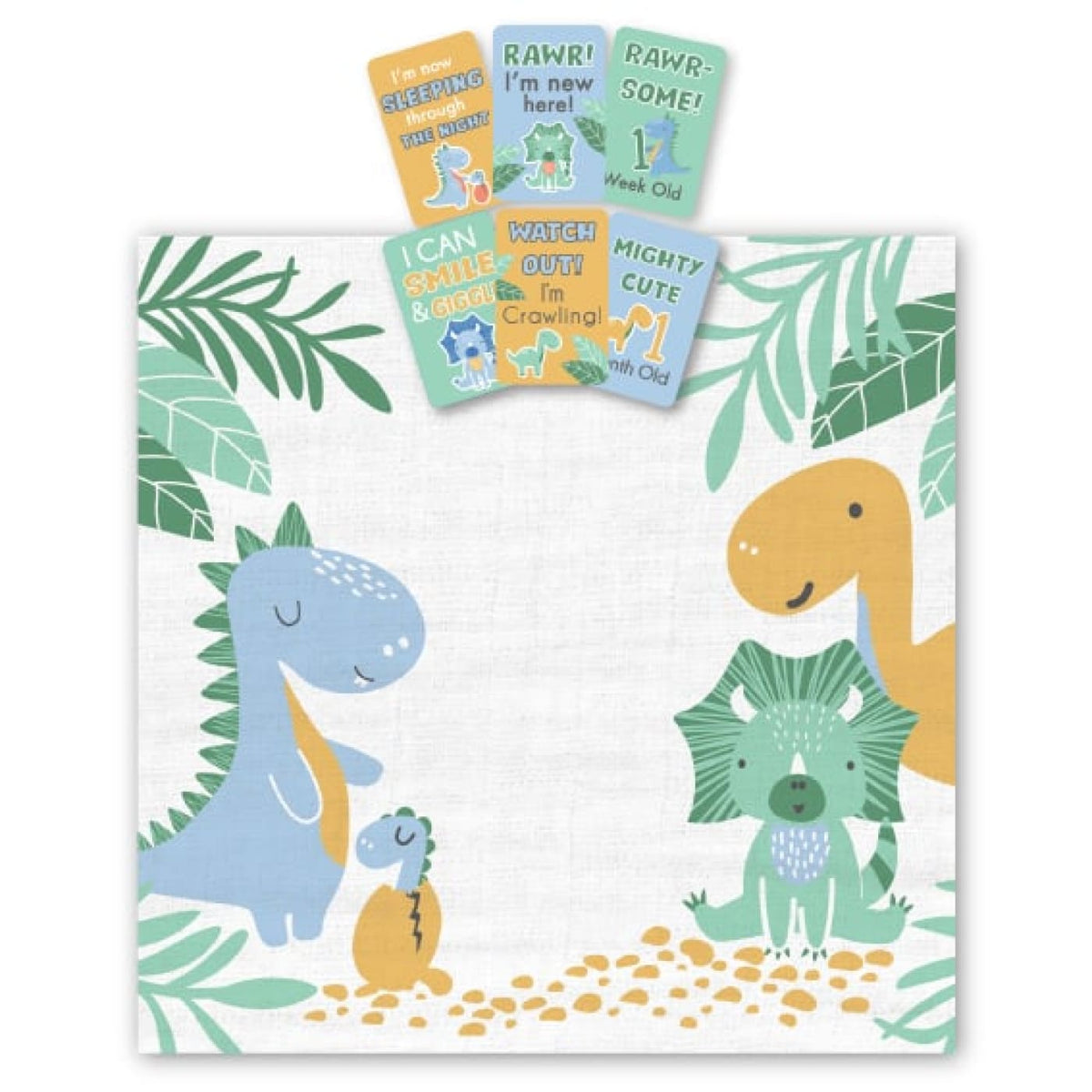 Jiggle &amp; Giggle Cotton Muslin Blanket and Baby Milestone Photo Cards Set - Dinosaurs - Dinosaurs - GIFTWARE - MILESTONE BLOCKS/CARDS
