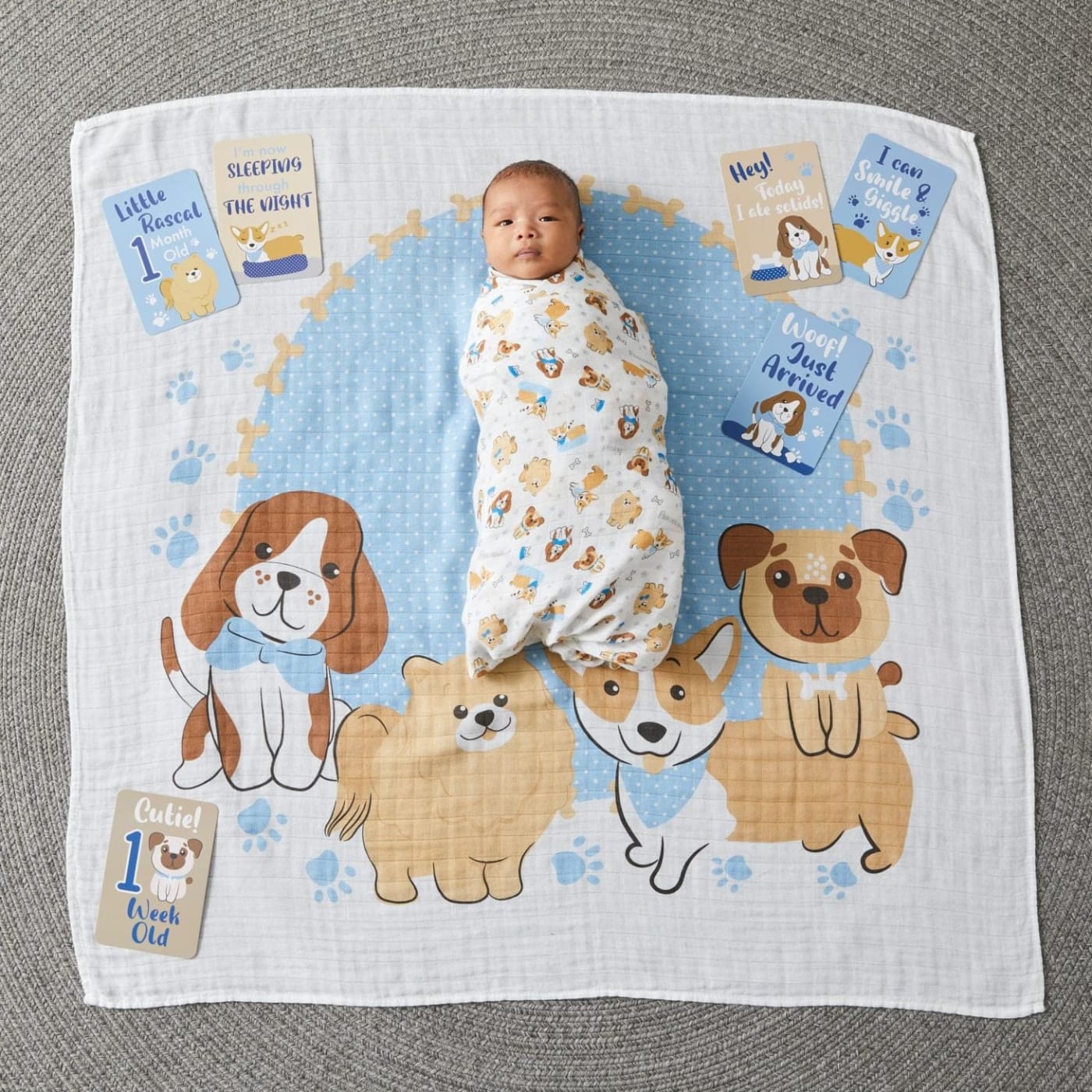 Jiggle & Giggle Cotton Muslin Blanket and Baby Milestone Photo Cards Set - Pawsome - Pawsome - GIFTWARE - MILESTONE BLOCKS/CARDS