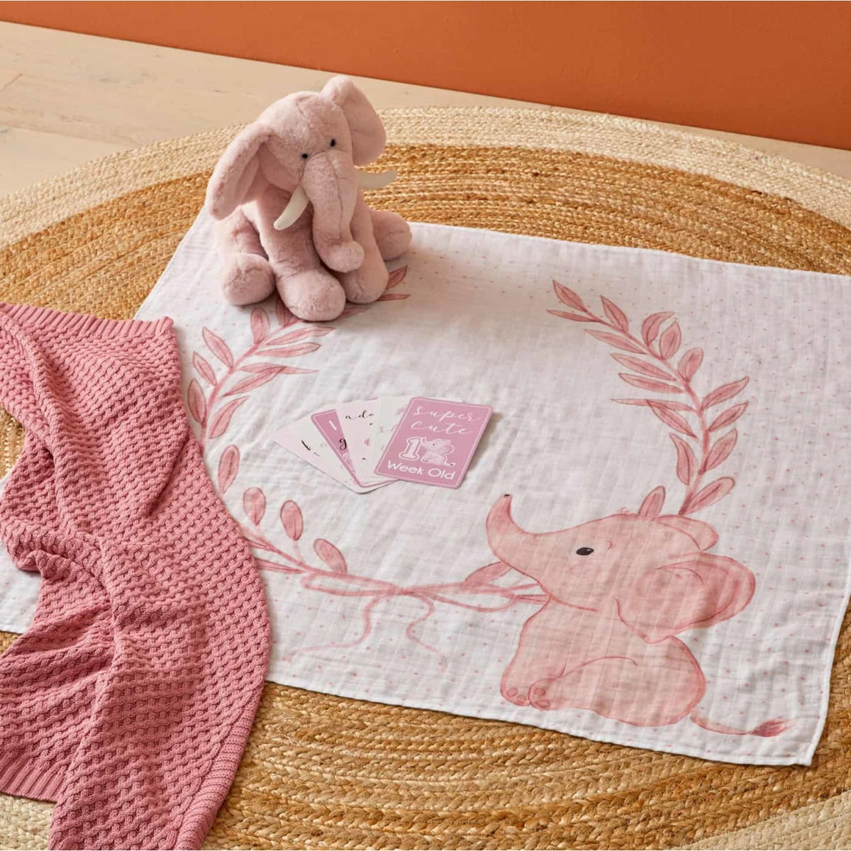 Jiggle &amp; Giggle Milestone Cotton Muslin &amp; Baby Photo Cards - Pink Elephant - Pink Elephant - GIFTWARE - MILESTONE BLOCKS/CARDS