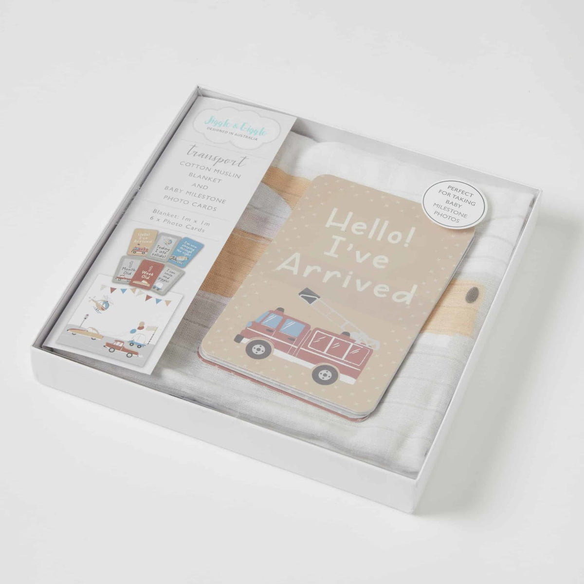 Jiggle &amp; Giggle Cotton Muslin Blanket and Baby Milestone Photo Cards Set - Transport - Transport - NURSERY &amp; BEDTIME - SWADDLES/WRAPS