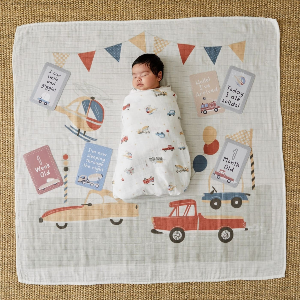 Jiggle &amp; Giggle Cotton Muslin Blanket and Baby Milestone Photo Cards Set - Transport - Transport - NURSERY &amp; BEDTIME - SWADDLES/WRAPS