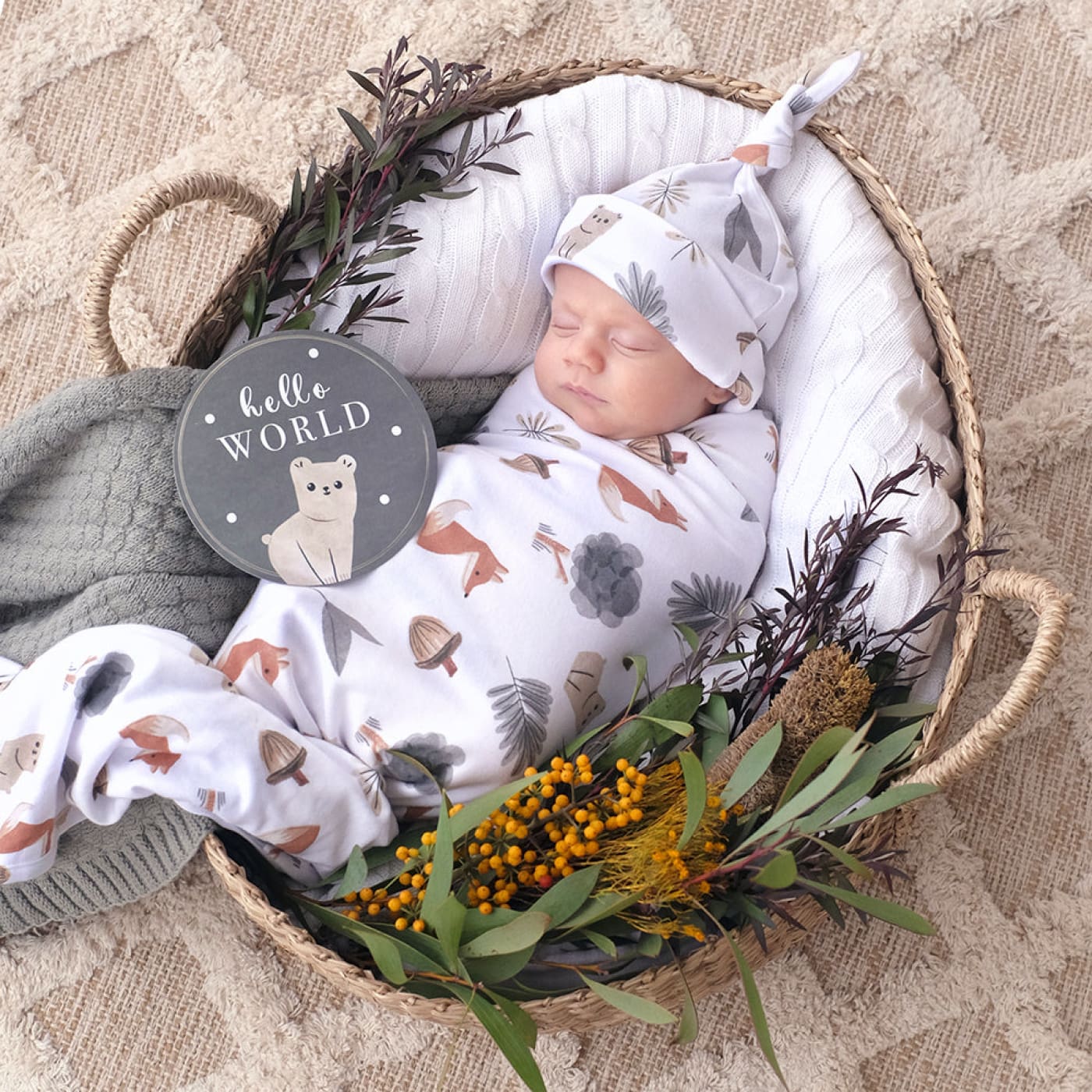 Living Textiles Hello World Gift Set Jersey Swaddle & Beanie - Forest Retreat - Forest Retreat - GIFTS - SWADDLES/WRAPS SETS