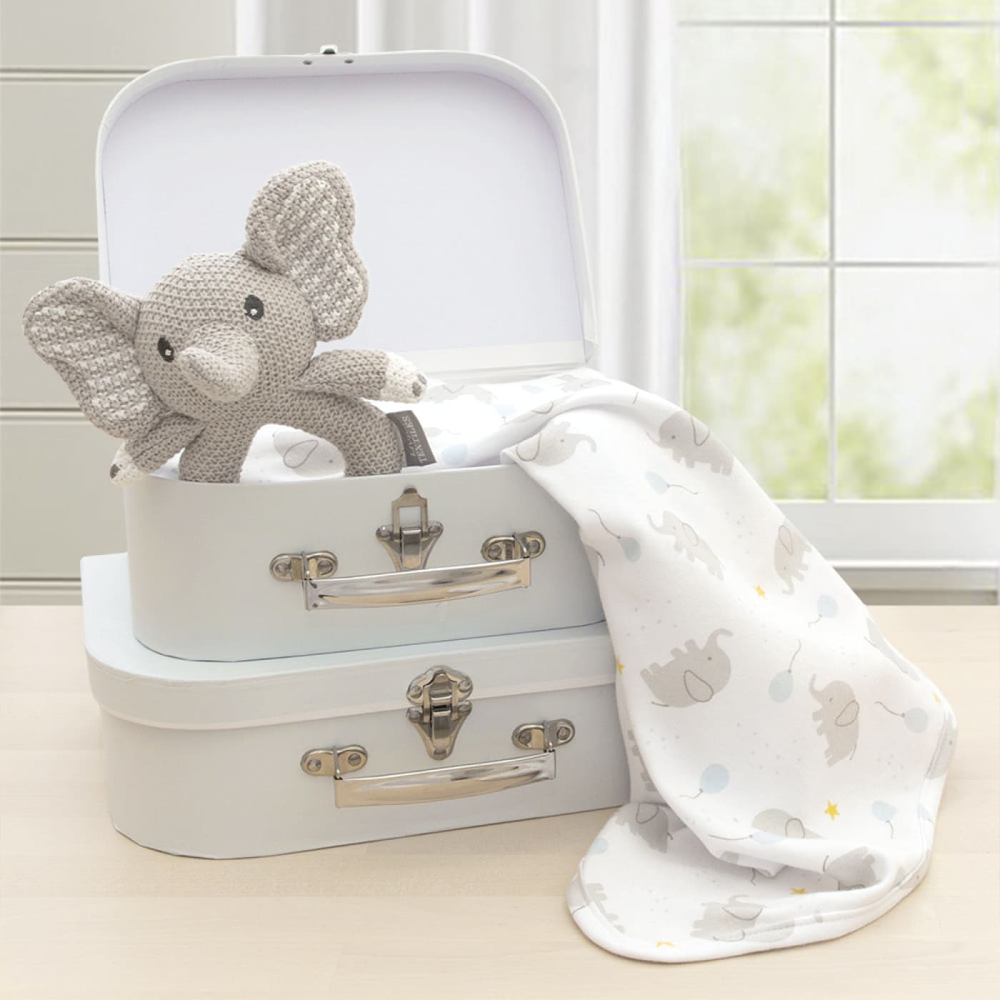 Living Textiles Jersey Swaddle & Ring Rattle Gift Set - Mason Elephant - Mason Elephant - GIFTS - SWADDLES/WRAPS SETS