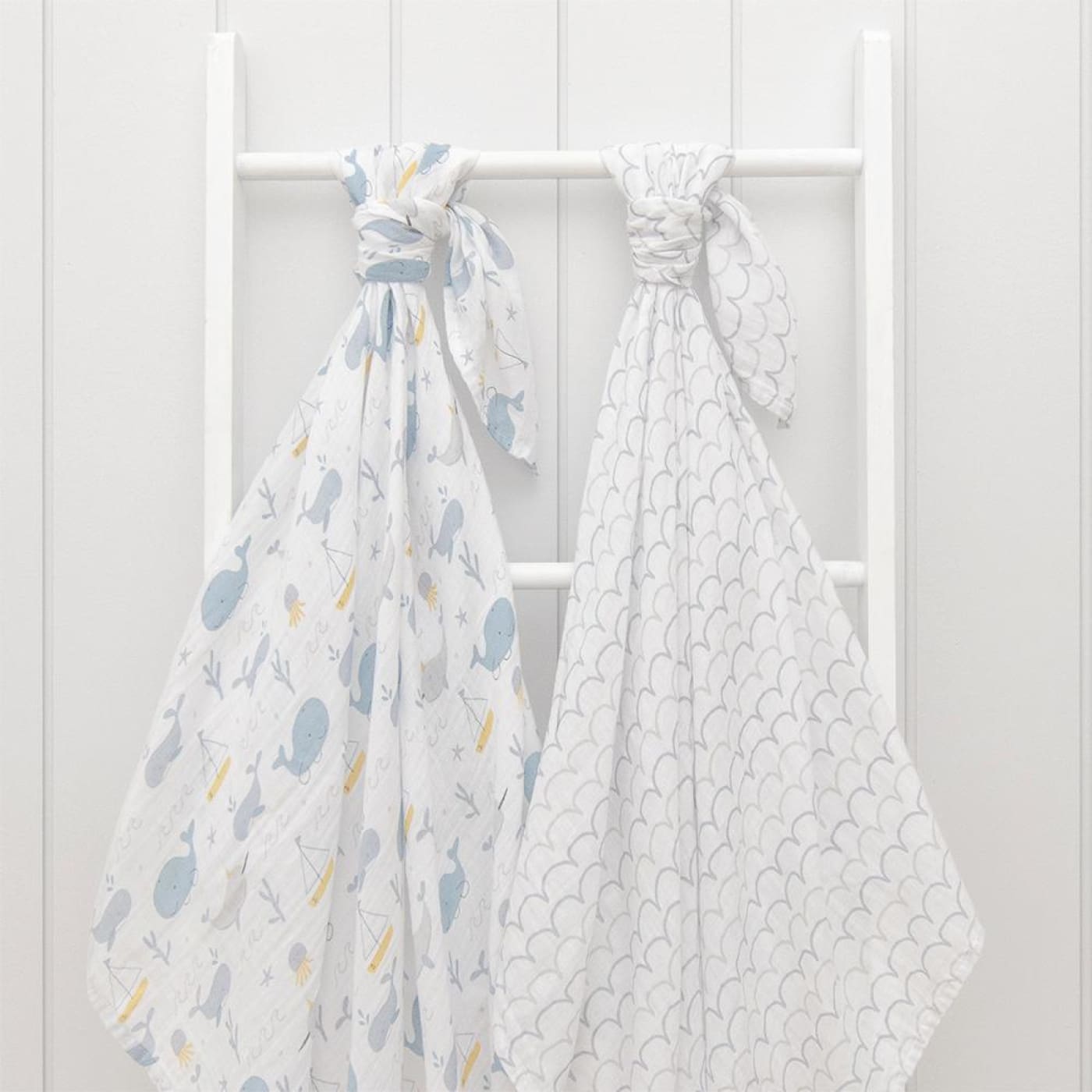 Living Textiles Little Dreamer 2pk Muslin Wraps - Whale of a Time - Whale of a time - NURSERY & BEDTIME - SWADDLES/WRAPS