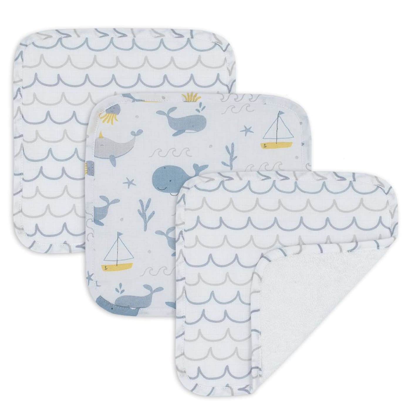 Living Textiles Little Dreamer Muslin 3pk Wash Cloths - Whale of a Time - Whale of a time - BATHTIME & CHANGING - TOWELS/WASHERS