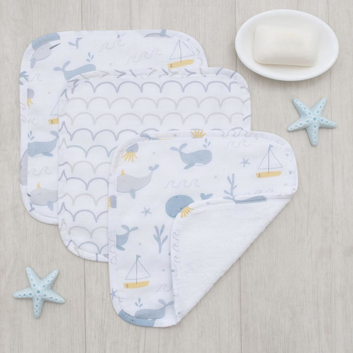 Living Textiles Little Dreamer Muslin 3pk Wash Cloths - Whale of a Time - Whale of a time - BATHTIME &amp; CHANGING - TOWELS/WASHERS