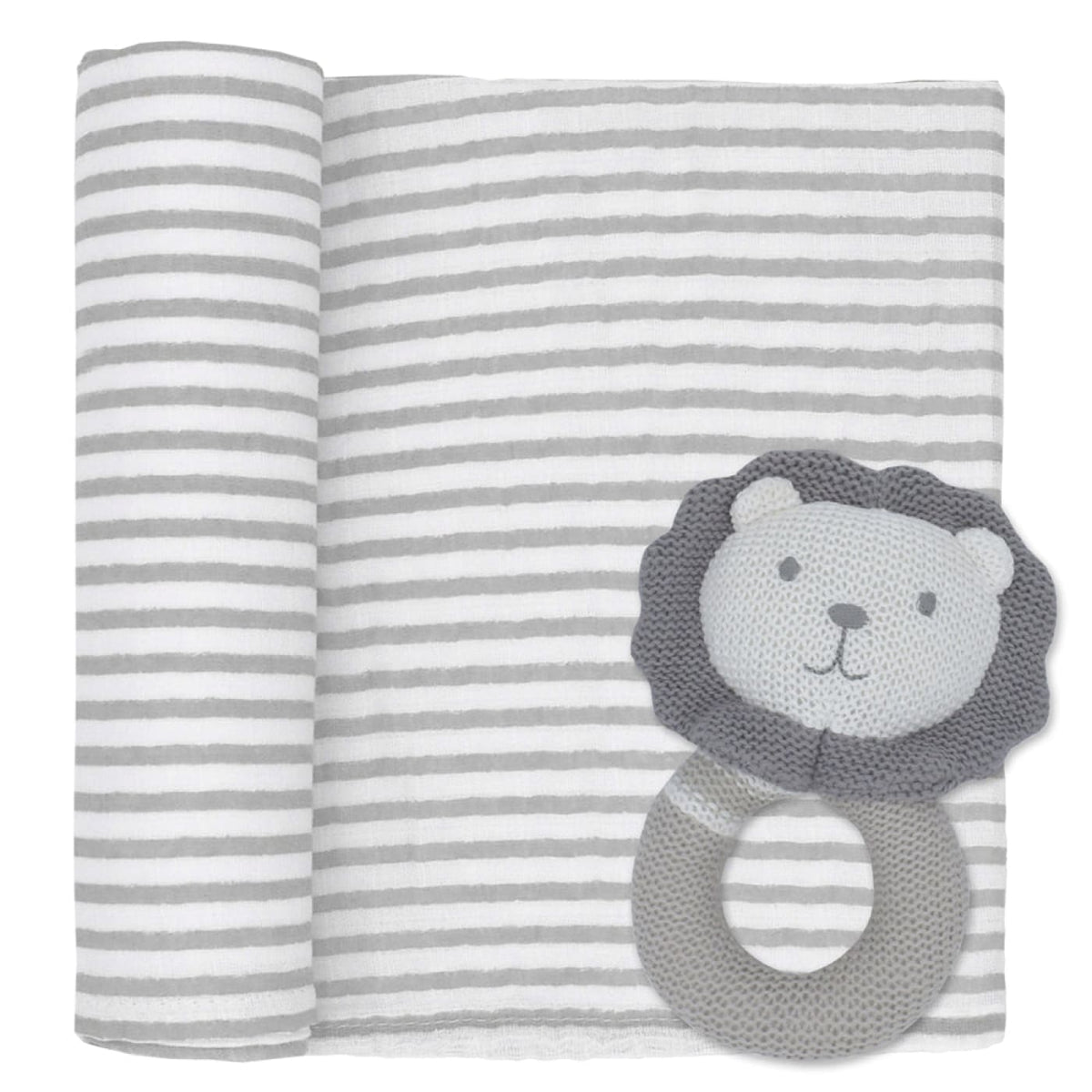 Living Textiles Muslin Swaddle &amp; Rattle Gift Set - Austin Lion/Grey Stripes - Austin Lion/Grey Stripes - GIFTS - SWADDLES/WRAPS SETS