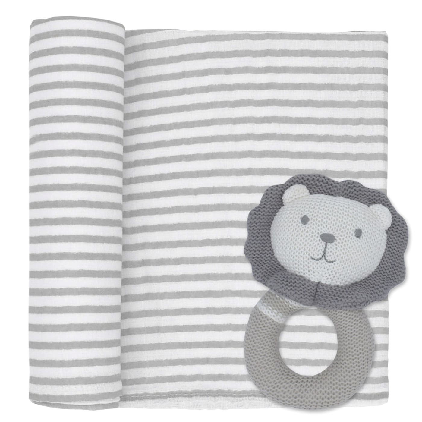 Living Textiles Muslin Swaddle & Rattle Gift Set - Austin Lion/Grey Stripes - Austin Lion/Grey Stripes - GIFTS - SWADDLES/WRAPS SETS