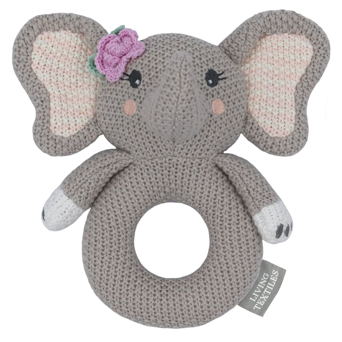 Living Textiles Whimsical Knitted Ring Rattle - Ella Elephant - Ella Elephant - TOYS &amp; PLAY - BLANKIES/COMFORTERS/RATTLES