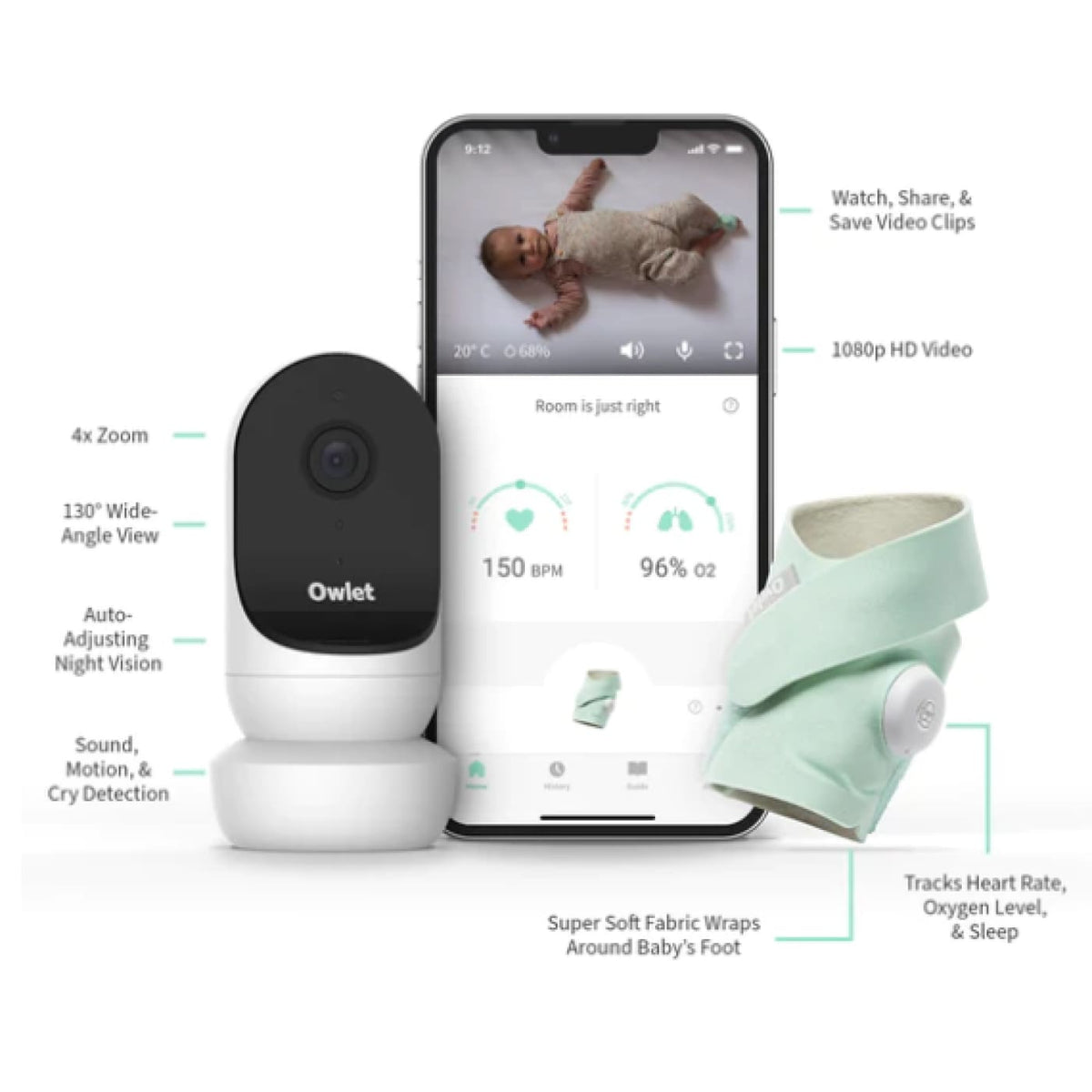 Owlet Monitor Duo 2 - Smart Sock 3 + Cam 2 Baby Monitor - Mint - Mint - HEALTH &amp; HOME SAFETY - BABY MONITORS