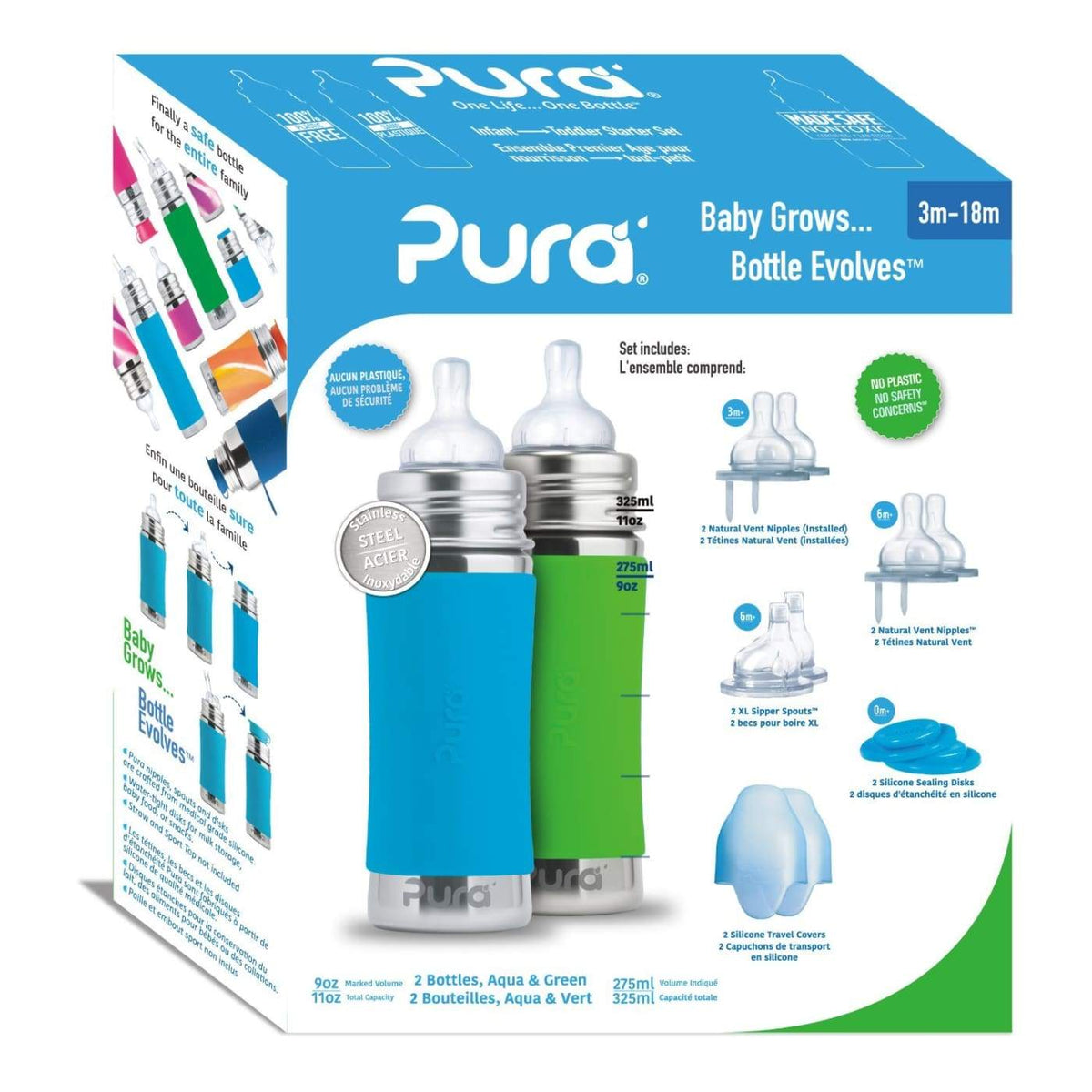 Pura Kiki Infant Starter Kit Aqua/Green 325ML (3-18M) - 325ML / Aqua/Green - NURSING &amp; FEEDING - ECO RANGE