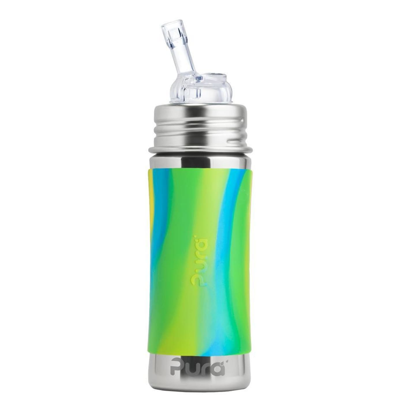 Pura Kiki Straw Stainless Steel Bottle - Aqua Swirl Sleeve 325ML - 325ML / Aqua Swirl - NURSING & FEEDING - ECO RANGE