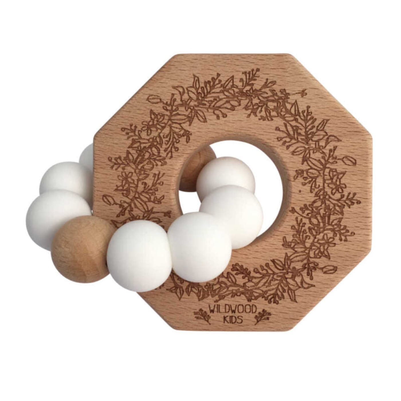 Wildwood Kids Wooden Print Teether - White Floral - White Floral - NURSING & FEEDING - TEETHERS/TEETHING JEWELLERY