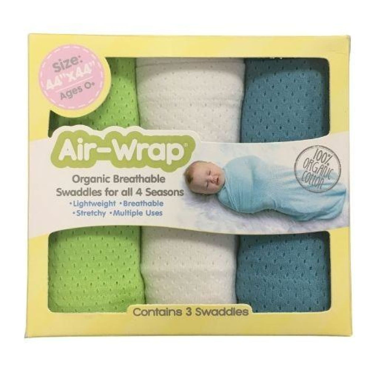 Woombie Old Fashioned Organic Air Wrap 3PK - Blue/White/Lime - 3Pack / Med Blue/White/Lime - NURSERY &amp; BEDTIME - SWADDLES/WRAPS