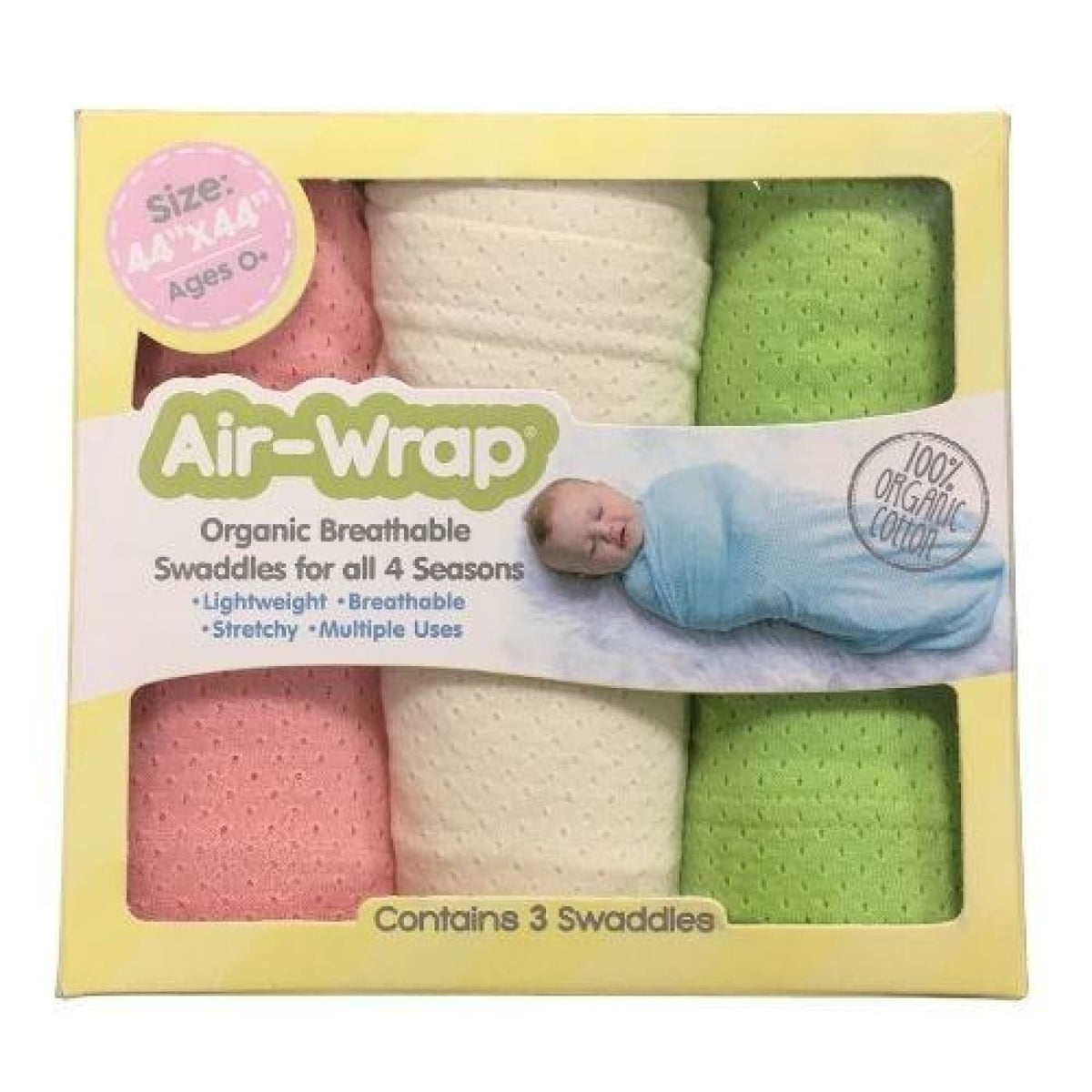 Woombie Old Fashioned Organic Air Wrap 3PK - Pink/Cream/Lime - 3Pack - NURSERY &amp; BEDTIME - SWADDLES/WRAPS